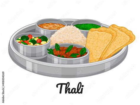 Traditional Indian Food Thali Color Vector Illustration Isolated On