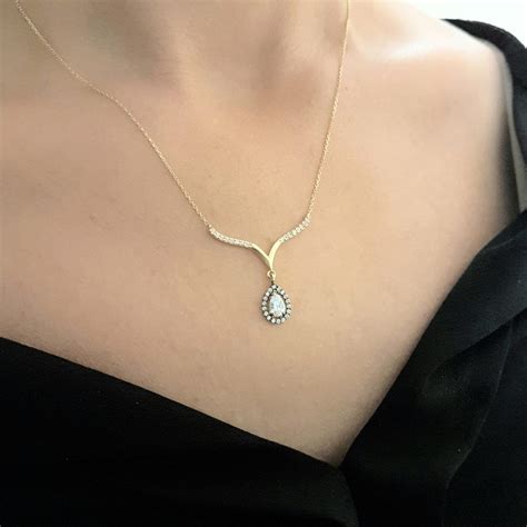 K Real Solid Gold Tear Drop Halo Necklace Latika Jewelry