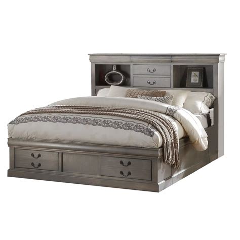 Wooden Queen Size Bed with 4 Drawers and 2 Open Shelves Storage, Gray ...