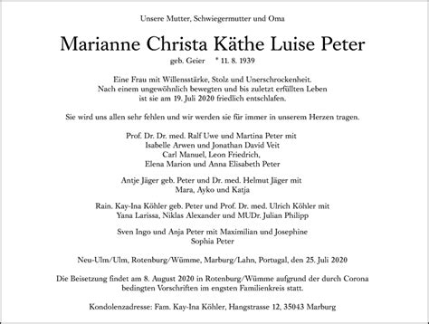 Traueranzeigen Von Marianne Christa K The Luise Peter Vrm Trauer De