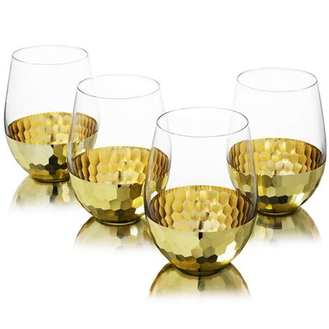 Myt Set Of 4 Modern Stemless Wine Glasses With Hammered Brass Metal