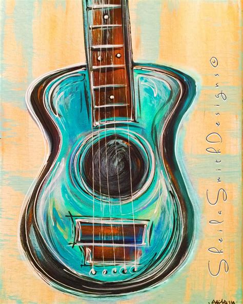 Pale Yellow Soft Blue Guitar Painting Music Art On Stretched Canvas