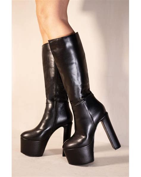 Wheres That From Monqiue Platform Block Heel Calf High Boots With Side