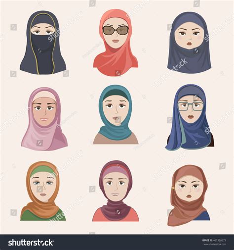 Collection Vector Avatars Muslim Women Cartoon Stock