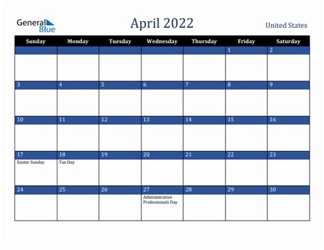 April 2022 Monthly Calendar With United States Holidays