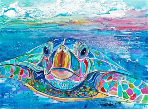 A Painting Of A Turtle Swimming In The Ocean