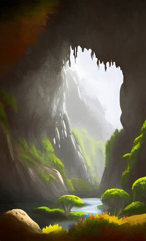 Cave Entrance With A River And A View On A Fantasy Landscape Stock