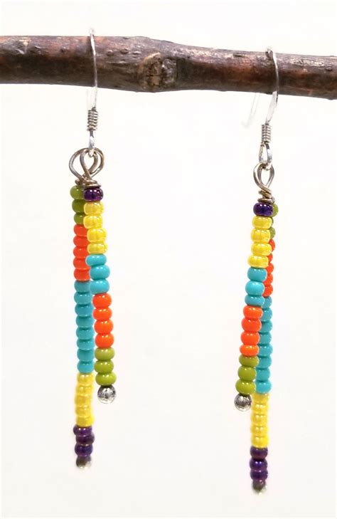 Multi Color Seed Bead Sterling Silver Handmade Dangle Earrings