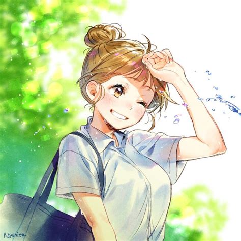 Anime School Girlsmilinghair In A Bunbright Sky
