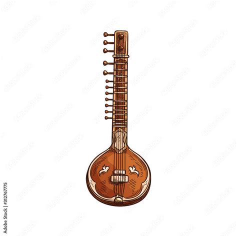 Indian Sitar Isolated Plucked Stringed Instrument Vector Retro Musical