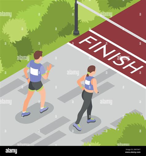 Young Marathon Runners Getting Closer To Finish Line Isometric