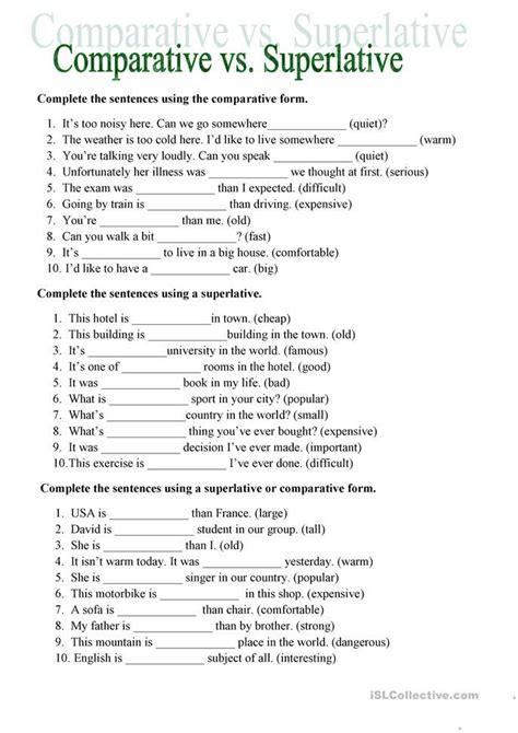 Comparative Vs Superlative English Esl Worksheets For Distance