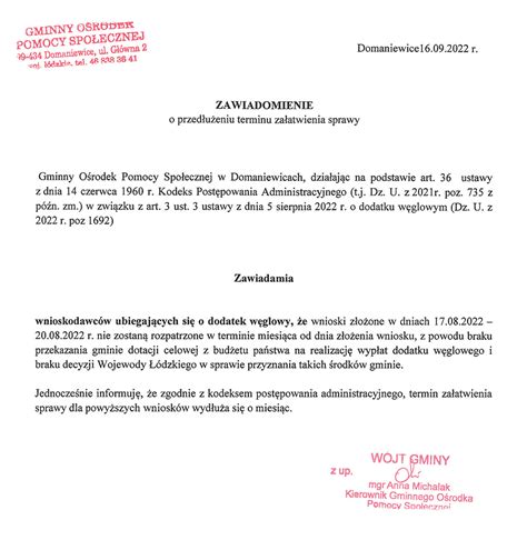 Zawiadomienie o przedłużeniu terminu załatwienia sprawy ws dodatku węglowego Gmina Domaniewice