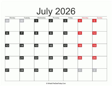 2026 July Calendar Printable Whatisthedatetodaycom