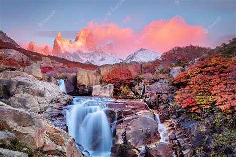 Premium Photo Amazing Mount Fitz Roy And The Waterfall At Pink Dawn