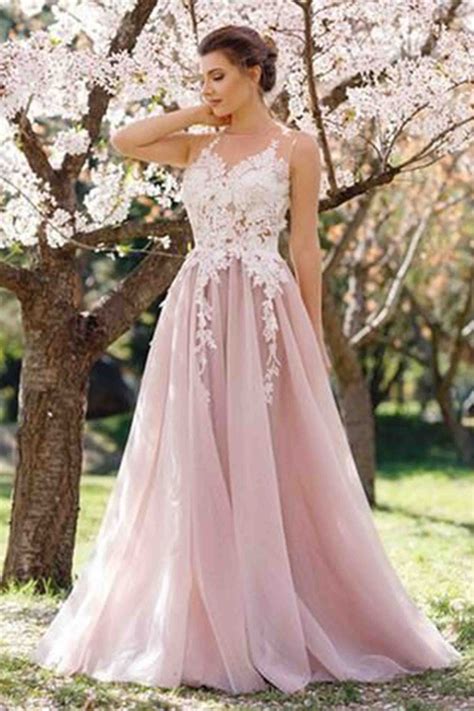 Lace Appliqued Pink Tulle Prom Dress Vestidos De Baile Bonitos