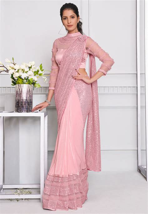 Buy Prestitched Net Corsaged Saree In Light Pink Online Sfva2642 Utsav Fashion