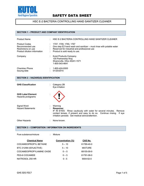 Download safety data sheets (sds) for avant hand sanitizer, aterra hand soap and hand lotion. SAFETY DATA SHEET HSC E-2 BACTERIA CONTROLLING HAND ...