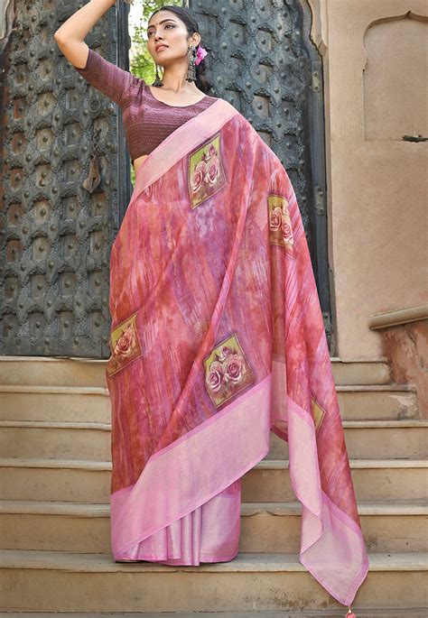 Digital Printed Organza Saree In Pink Skk32446