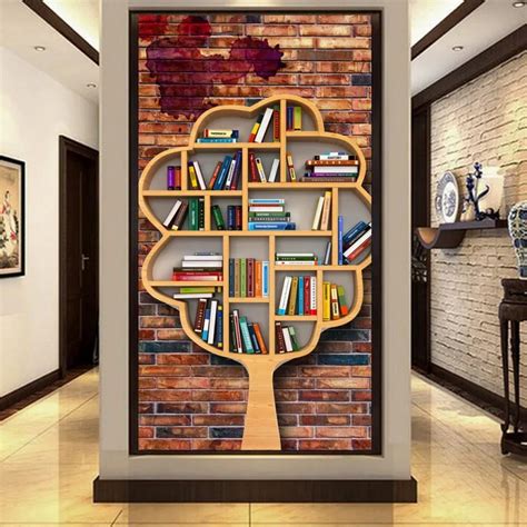 Custom Photo Wallpaper 3d Stereo Brick Wall Bookcase Bookcase Art Tree