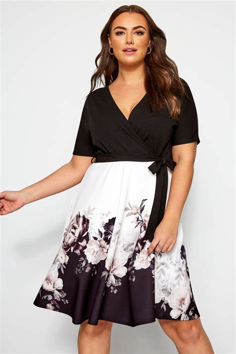 Yours London Black Floral Wrap Front Skater Dress Yours Clothing