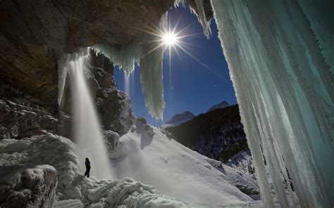 Nature Landscape Waterfall Moonlight Starry Night Banff National Park Ice Winter Cave