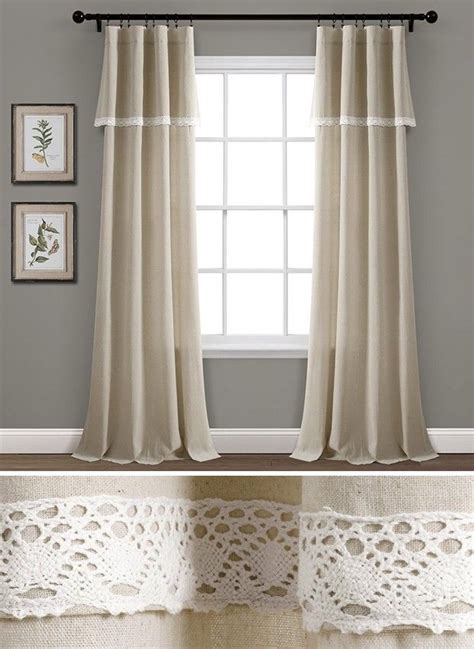 Vintage Inspired Linen Lace Curtain Panels Set Of 2 Lace Curtains