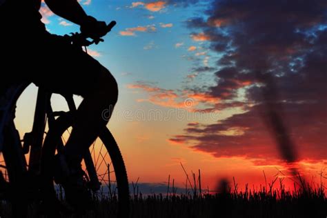 Silhouet Van Een Fietser En Een Fiets Op Zonsondergangachtergrond Stock