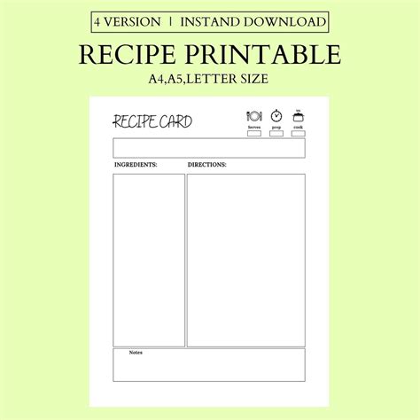 Recipe Template Printable Recipe Book Blank Recipe Page Recipe Card