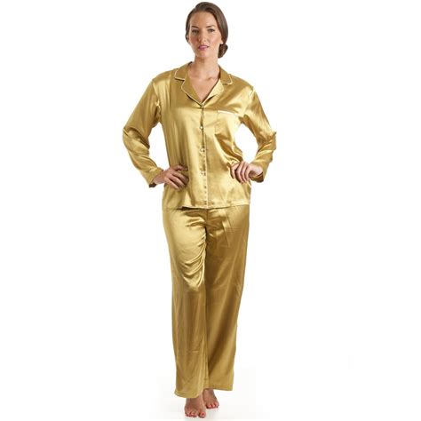 Womens Ladies Luxury Satin Long Length Gold Pyjamas Set Sizes 10 22