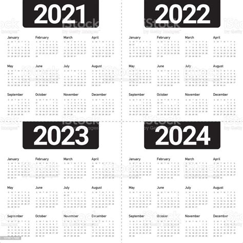 Jahr 2021 2022 2023 2024 Kalender Vektordesignvorlage Stock Vektor Art