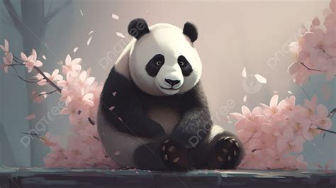 Panda Bear Sitting On The Ground Near Some Pink Flowers Background Aesthetic Panda Picture