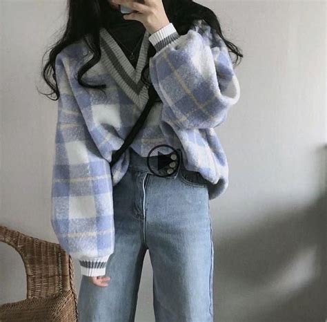 korean fashion fall winter outfit blue v neck oversized plaid sweater jeans fashion korean