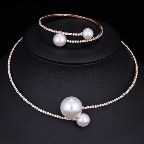 fashion women simple simulated pearl bridal jewelry sets crystal wedding necklace bracelet set
