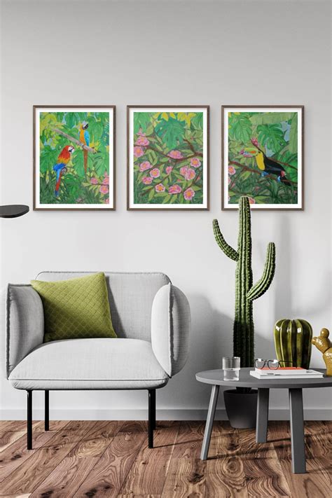 Tropical Decor Botanical Art Bird Wall Art Wildlife Prints Jungle Set Of 3 Prints Leaves