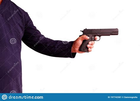 Man Holding A Gun In His Hand And Aiming Isolated On White Background
