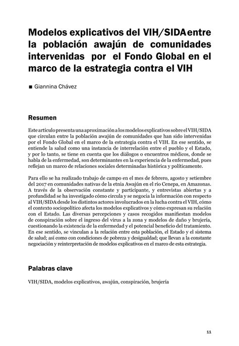 Pdf Modelos Explicativos Del Vihsida Entre La Población Awajún De