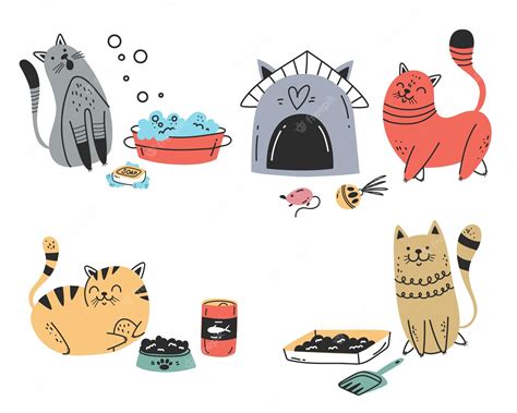 Premium Vector Cute Cats Characters With Tools And Food Concept