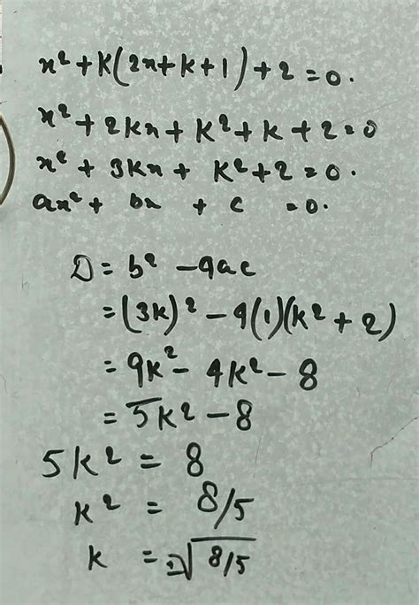 Find The Value Of K For Which The Equation X 2 K 2x K 1 2 0