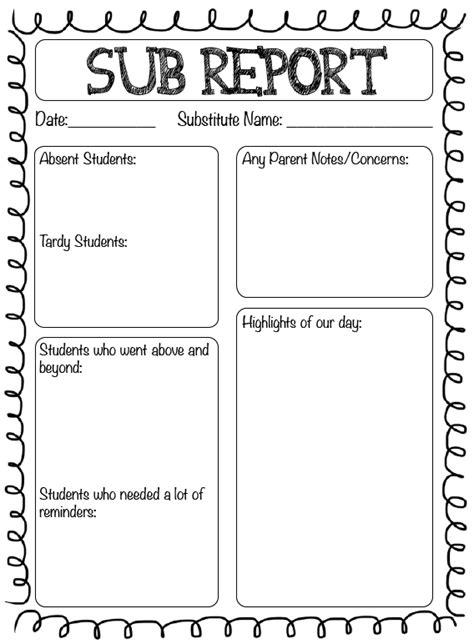 Free Printable Substitute Teacher Report Form Printable Templates