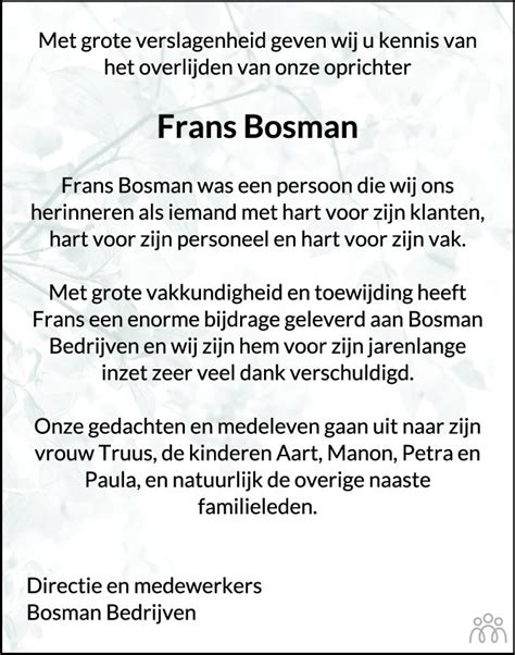 Frans Bosman 29 04 2023 Overlijdensbericht En Condoleances Mensenlinqnl
