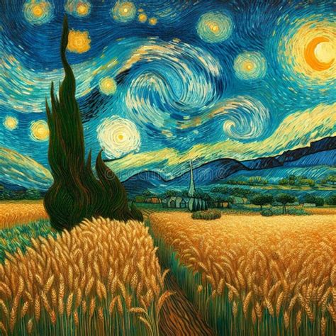 A Painting Of A Starry Night With Wheat Fields Stock Illustration