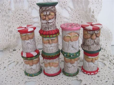 Antique Wooden Spools Carved Into Santa Claus Ornaments Carving
