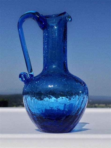Blenko Pilgrim Crackle Glass Cobalt Blue Pitcher Cruet 5 Vintage Hand Blown Crackleglass