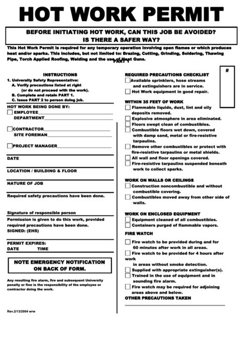 Hot Work Permit Template