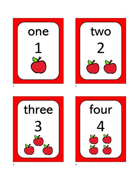 Four Red And White Cards With The Numbers One Two And Three Apples On