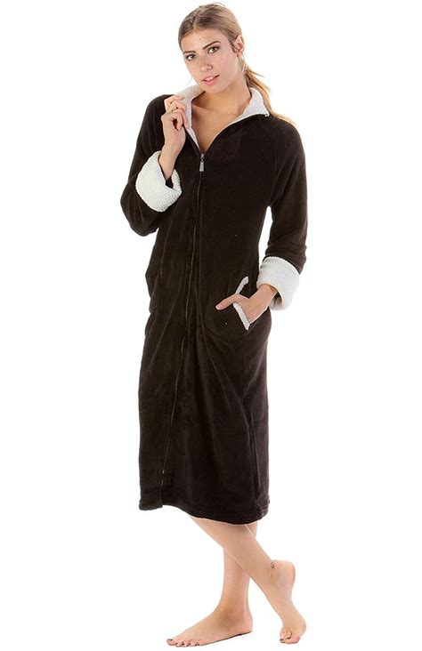 Womens Full Front Zip Up Plush Fleece Robe Housecoat Black