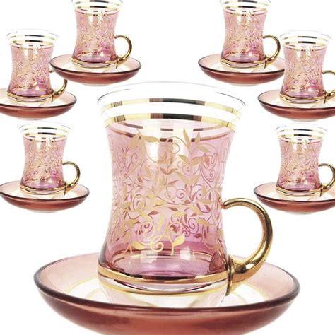 Vintage Turkish Tea Glasses Cups And Saucers Set Of With Handle Gold