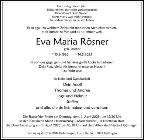 Traueranzeigen Von Eva Maria Rösner Trauer Anzeigende