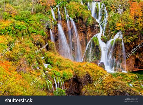 Scenic Autumn Landscape Beautiful Waterfalls Plitvice Stock Photo